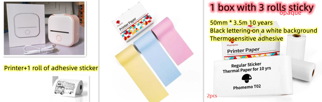 Mini label printer with adhesive sticker roll and pastel label paper rolls