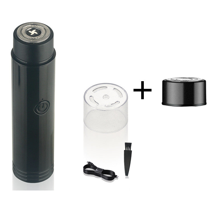 Black mini electric shaver set with foil head, spare head, and USB charging cable