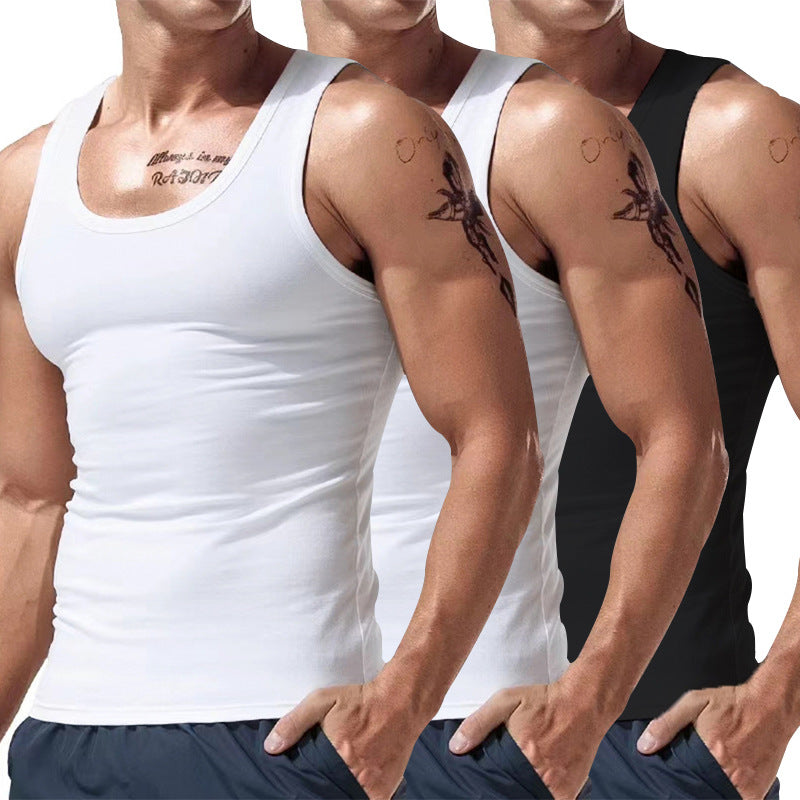 Men's three-pack sleeveless tank tops with crew neck in white, gray, and black