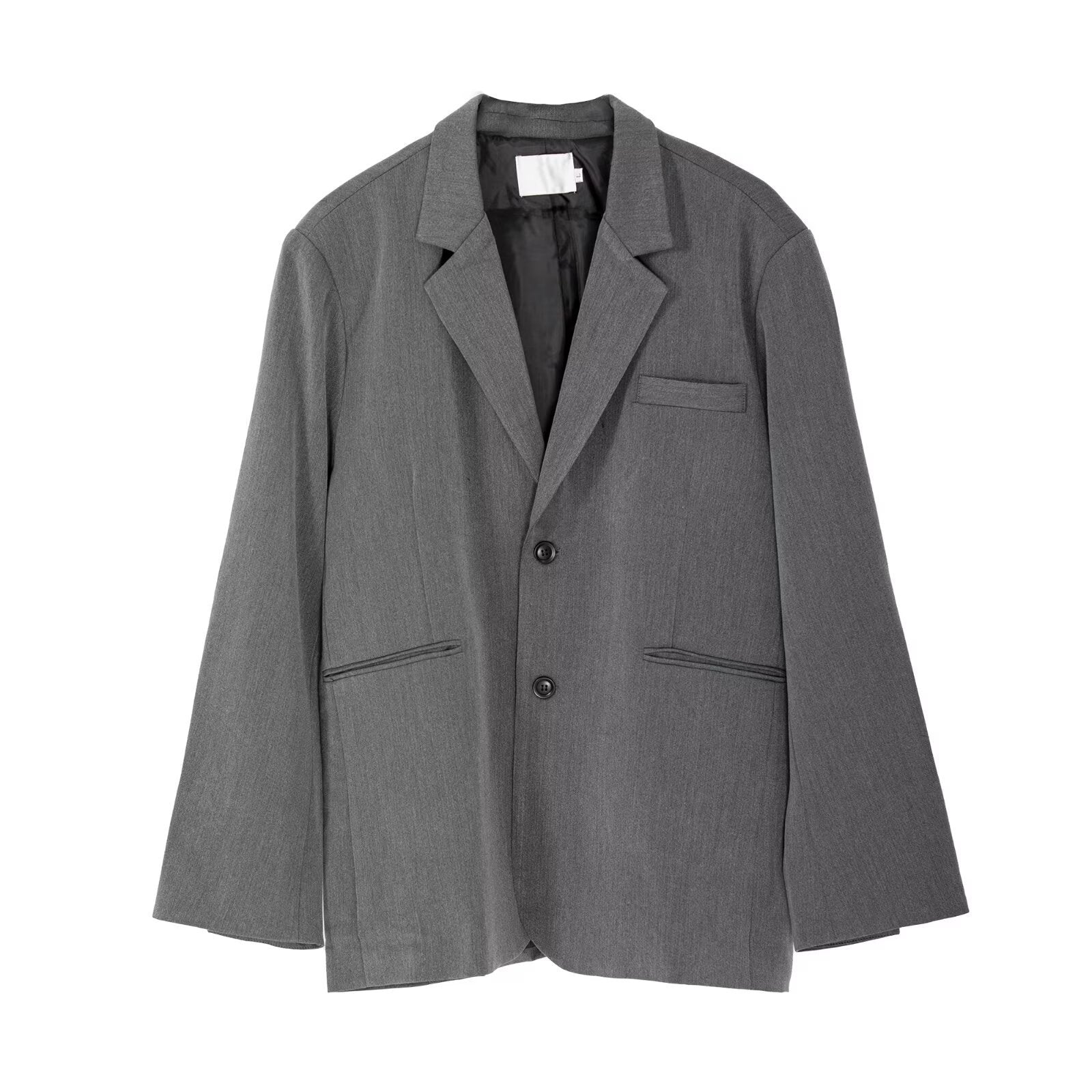 Gray single-breasted blazer-style coat with notch lapels, button front, flap pockets