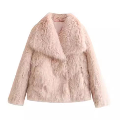 Light pink plush faux-fur coat with notched lapels and long sleeves