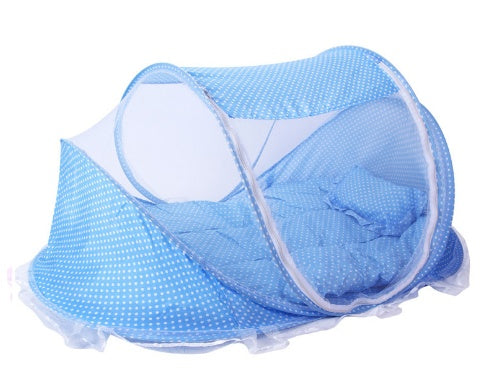 Foldable baby bed net set with pillow, blue mesh canopy with dot pattern