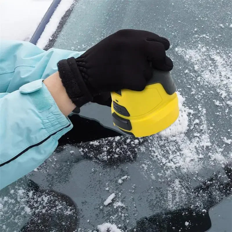 Yellow cordless electric snow scraper with black pad, used to clear ice