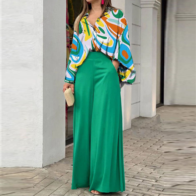 Printed shirt top and wide-leg pants set, multicolor abstract top, green wide-leg pants