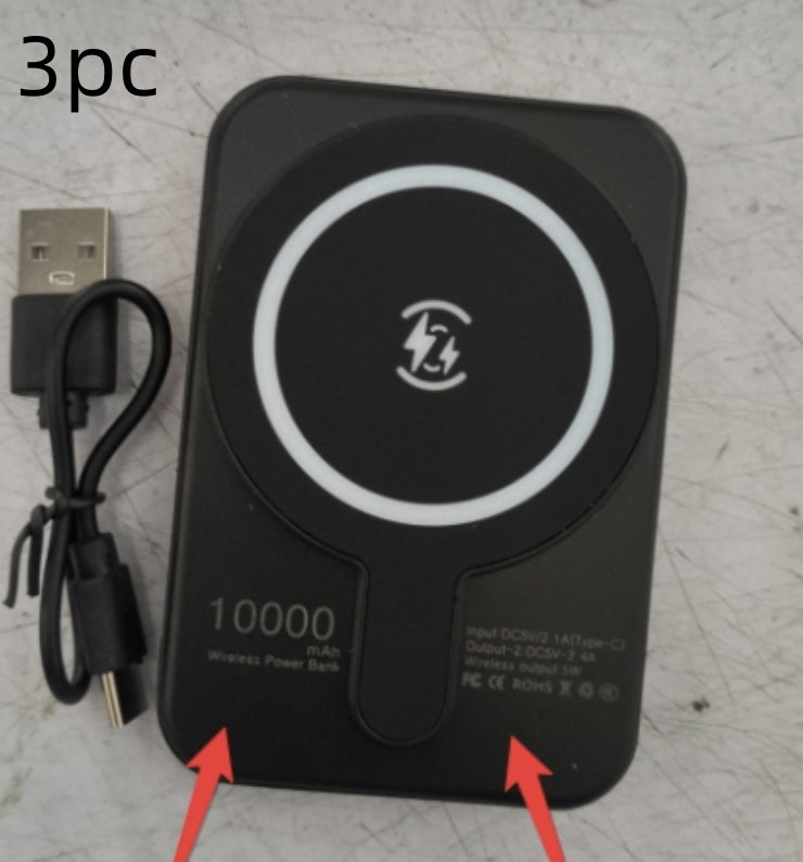 Set of three black mini magnetic wireless power banks with charging icon