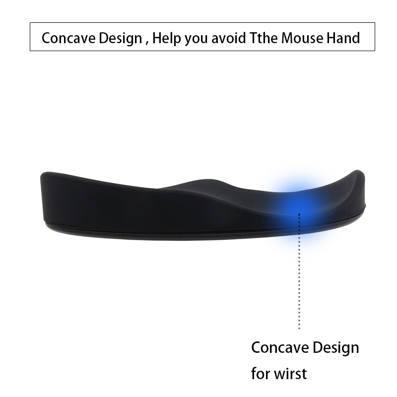 Ergonomic mouse wrist rest with concave center, black curved cushion