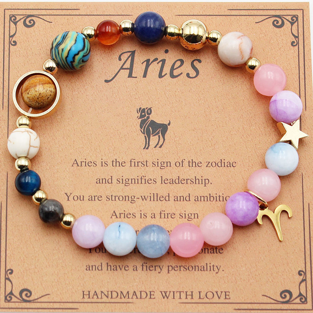 Aries zodiac beaded bracelet with pastel stones and gold-tone spacers