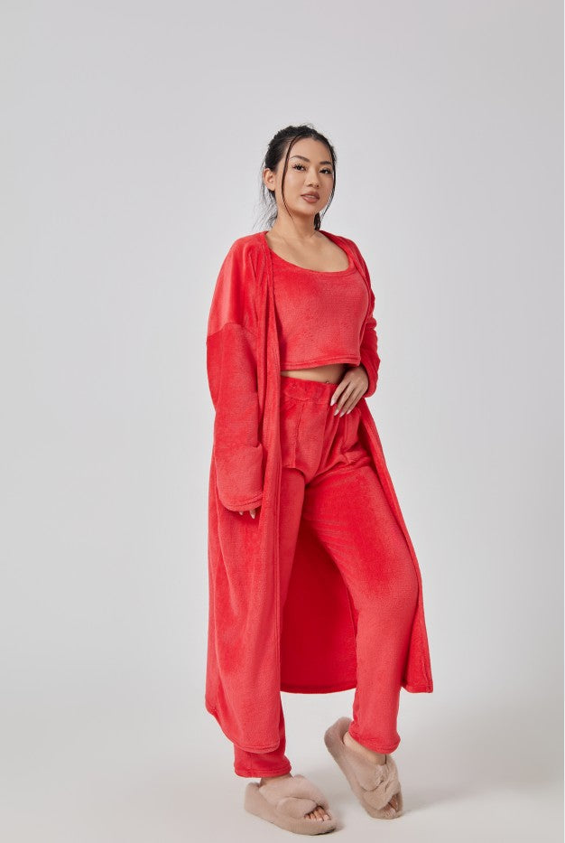 Red 3-piece pajama set with long cardigan, cropped top and matching pants