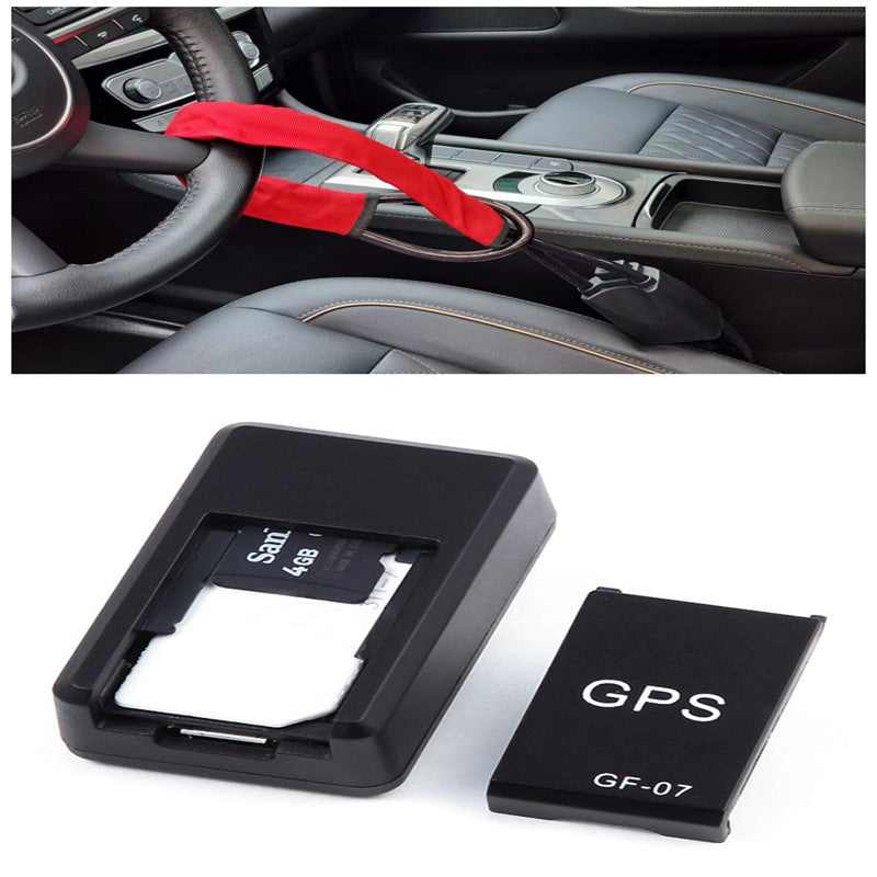 GPS car tracker with black holder and GF-07 module shown near vehicle console