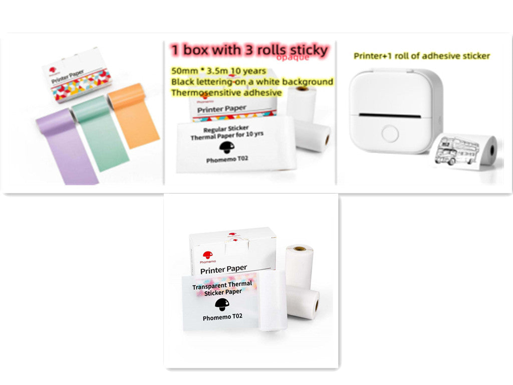 Mini label printer kit with printer paper rolls and pastel colored label sticker strips