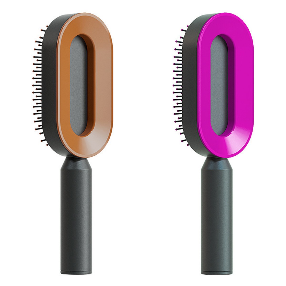 Set of self-cleaning hair brushes with tan and purple oval heads, dark handles