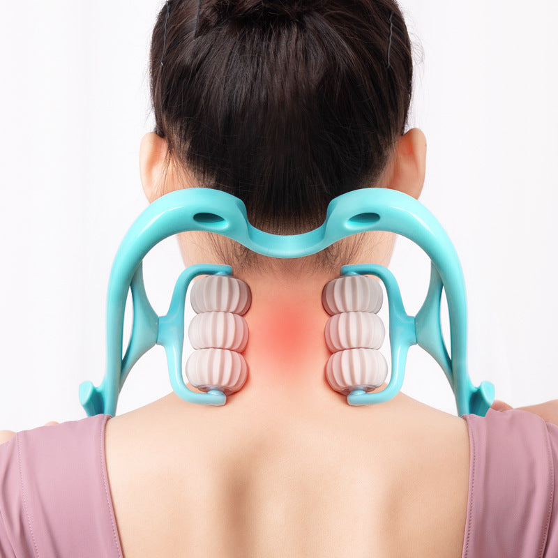 Teal neck massage roller with six white ribbed wheels and two side grips