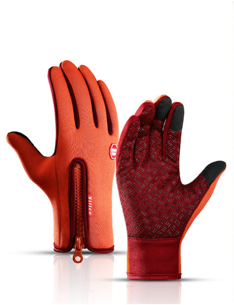 Pair of winter riding gloves in orange and red, textured palms, zipped wrist cuff
