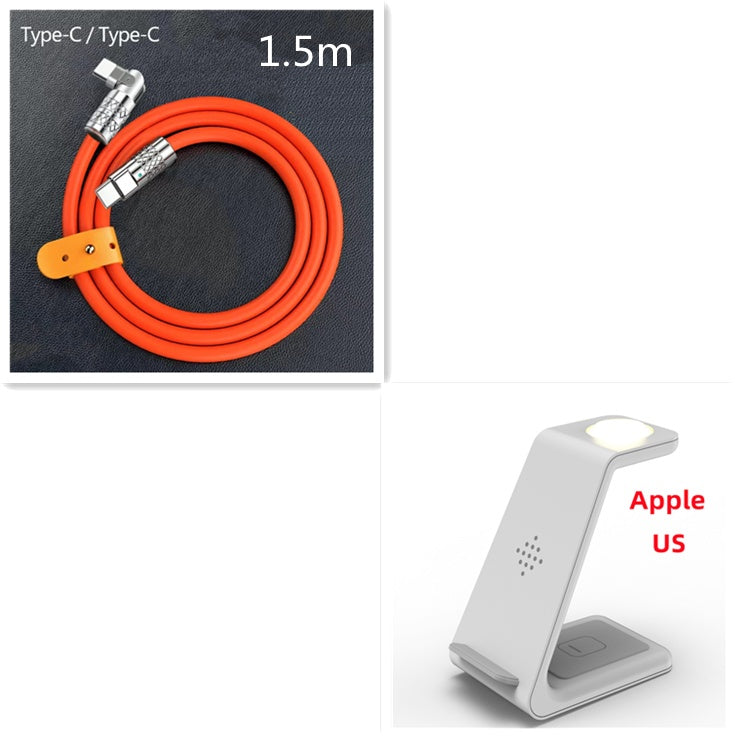 Wireless charger stand with white base and glowing pad, 1.5m Type-C to Type-C cable, orange cord.