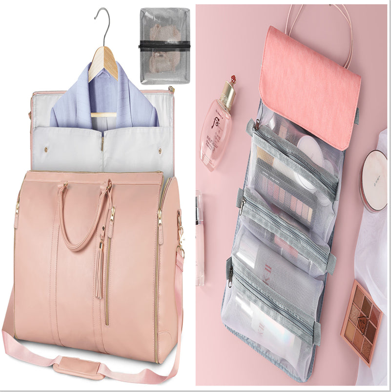 Two-piece travel set: light pink duffle bag with hanging organizer and multi-compartment hanging pouch