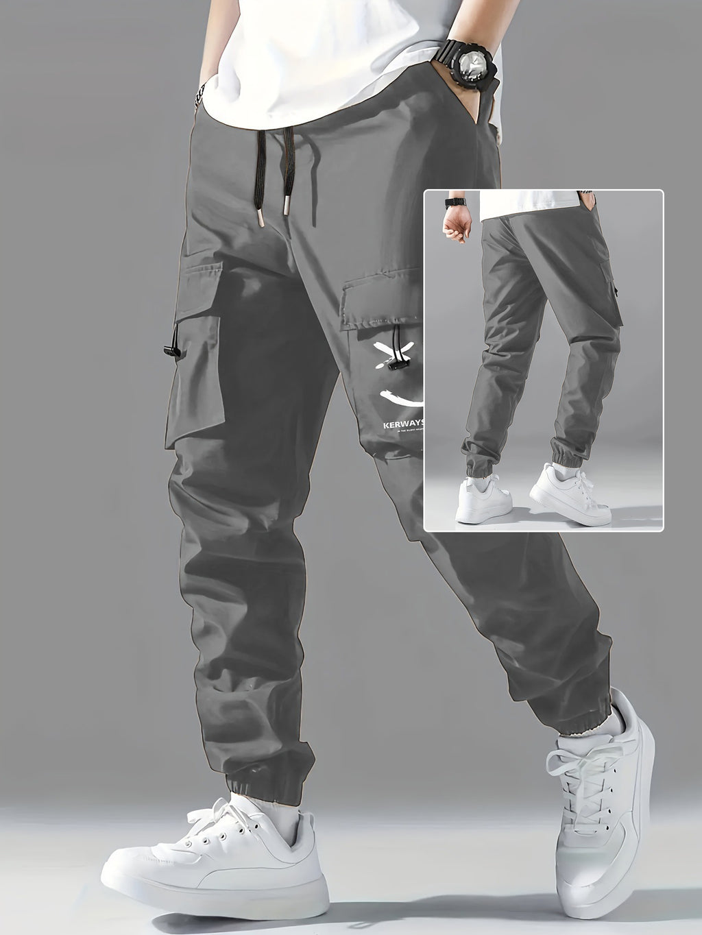 Gray straight ankle cargo jogger pants with utility pockets and tied drawstring hems