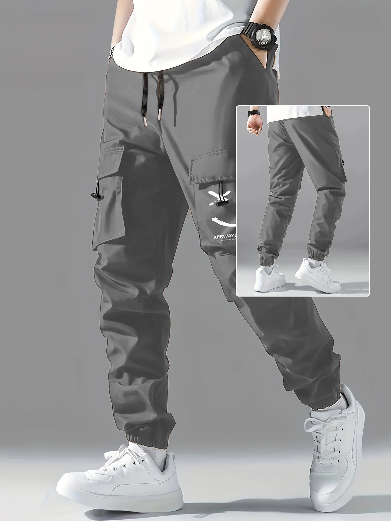 Gray straight ankle cargo jogger pants with utility pockets and tied drawstring hems