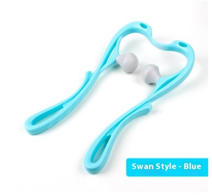 Swan-style blue neck massager roller tool with two rounded comfort handles