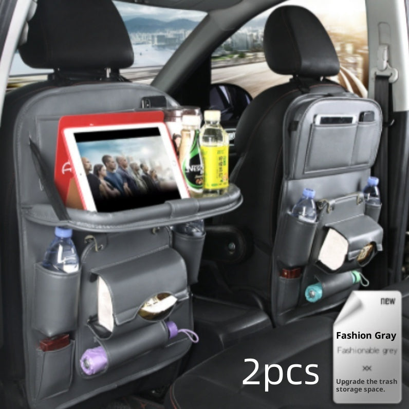 PU leather car seat back storage organizers, gray 2pcs with tray front and bottle compartments