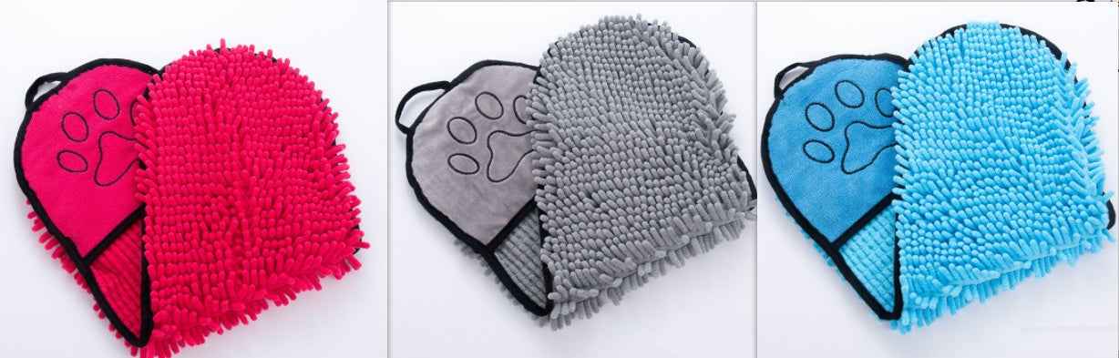Set of three microfiber pet drying towel mitts: red, grey, and blue with paw emblems