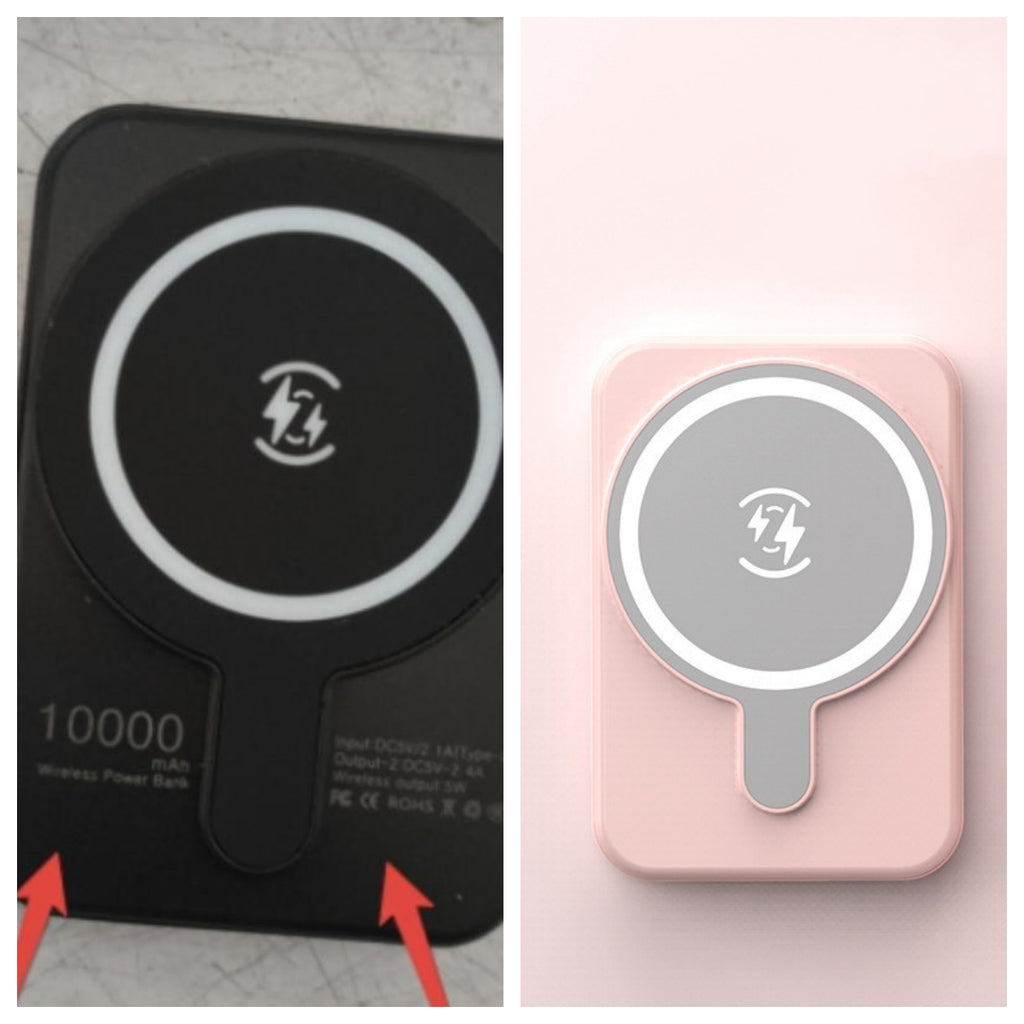 Mini magnetic wireless power bank, black and pink, with Qi charging symbol, 10000mAh.