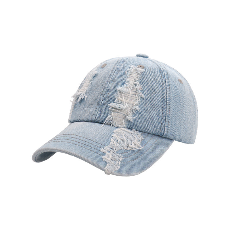 Light blue denim baseball cap with frayed distressed front panel