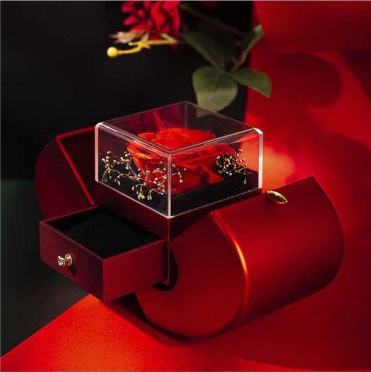 Red jewelry box with clear rose display and gold-toned chain necklace inside
