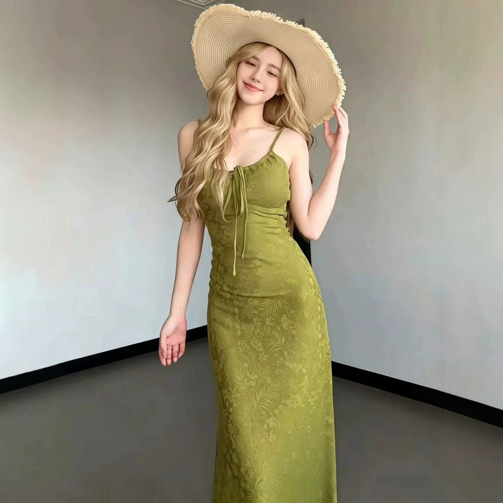 Green maxi slip-style strap dress with square neckline and built-in padded bra