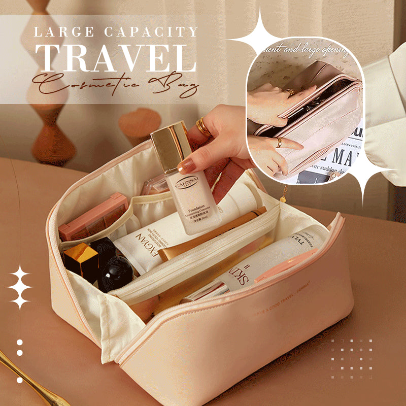 Large travel cosmetic bag, open cream compartments with zipper organizer pockets