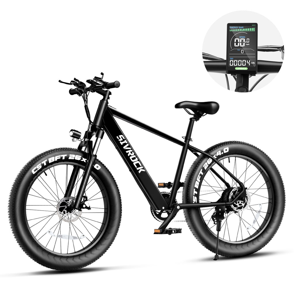 Black electric fat-tire e-bike with headlight display, side profile, 26x4.0 tires
