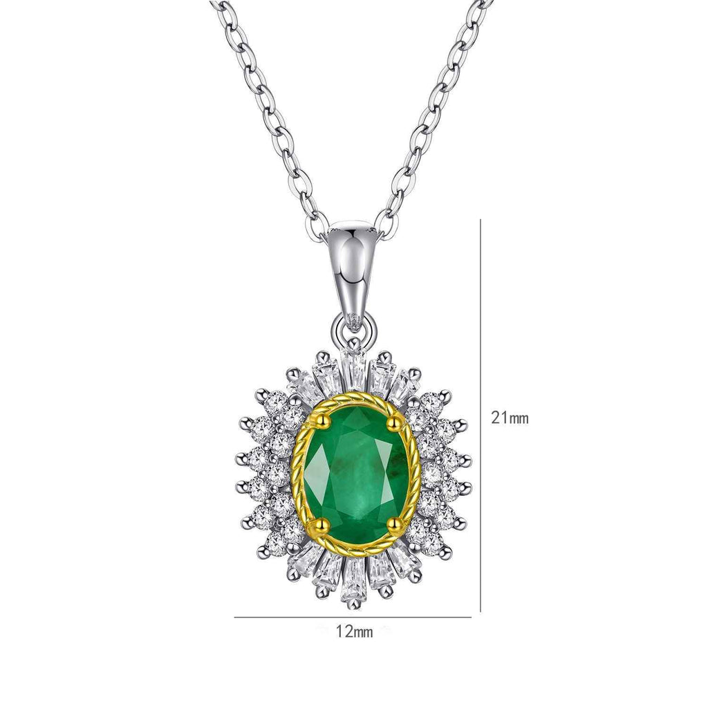 Silver oval green gemstone pendant with gold bezel and crystal halo; 12mm/21mm