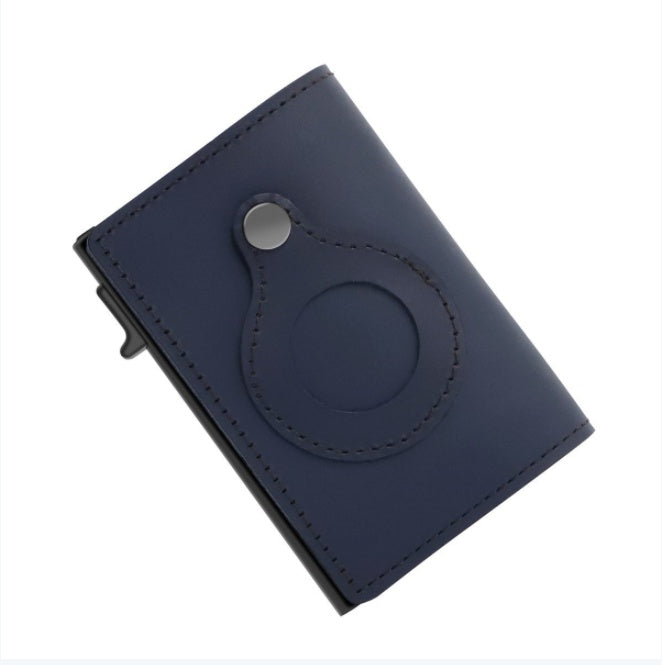 Slim leather card wallet with circular AirTag cutout and metal loop