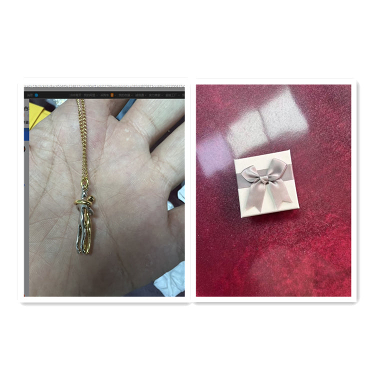 Gold-tone hug pendant necklace shown on open palm, gift card nearby.