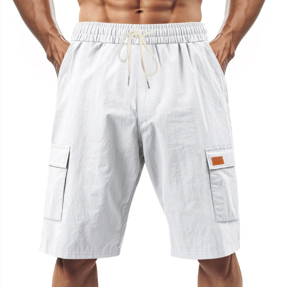White linen drawstring cargo shorts with elastic waistband and side cargo pockets