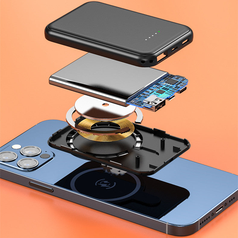 Black magnetic wireless power bank showing wireless charging coil and ports