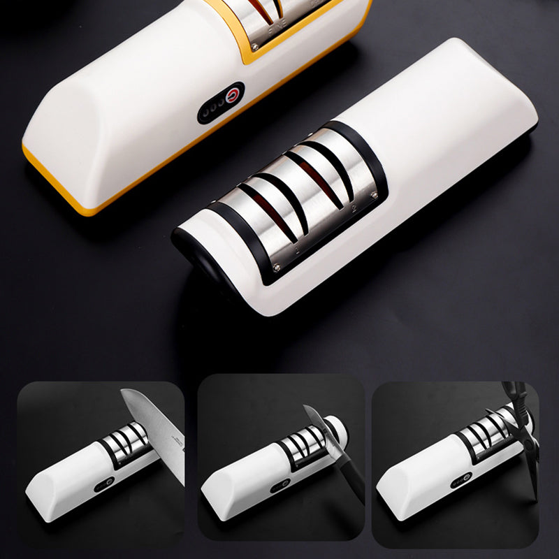 USB rechargeable electric knife sharpener with white body, black sharpening rollers, orange edge