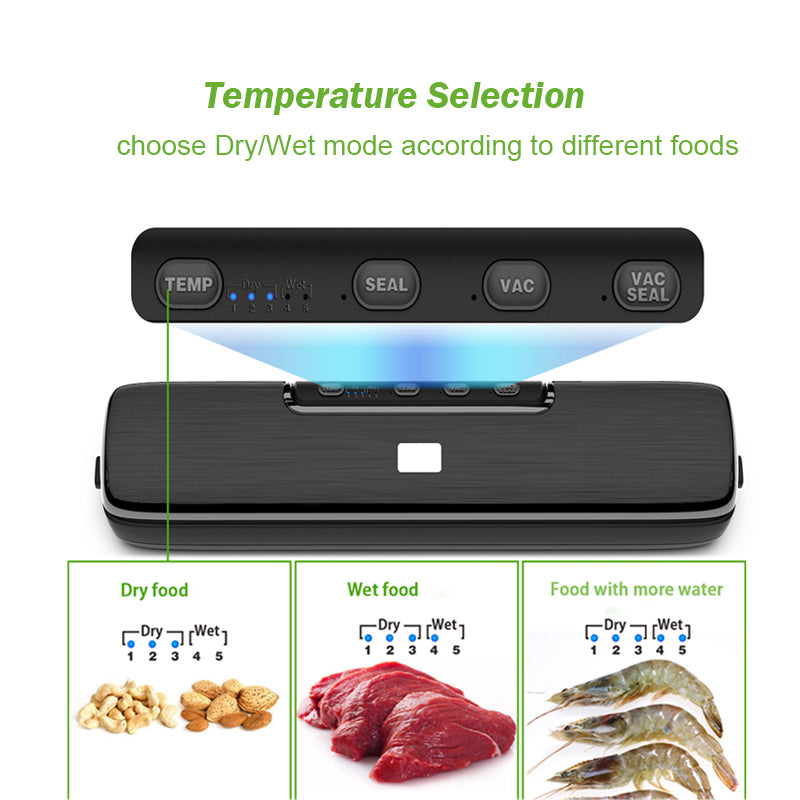 Black vacuum food sealer control panel with temperature selection buttons and indicator lights