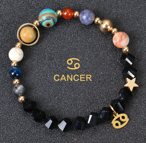 Zodiac beaded bracelet with black faceted beads, gold spacers, Cancer charm and star