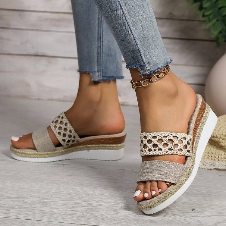 Plus size rope-bottom peep toe platform sandals, light beige perforated strap and wedge
