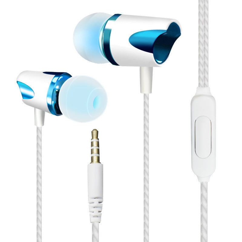 Wired in-ear headphones with white bodies, blue sound housings, and inline remote