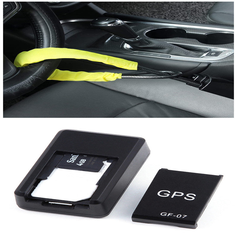 GPS car tracker with black holder and GF-07 module shown near vehicle seats