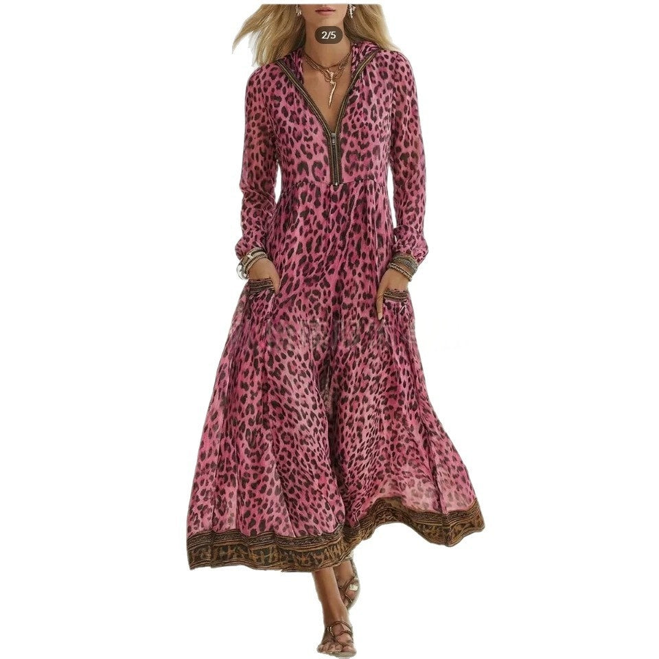 Pink leopard-print hooded maxi dress with long sleeves and flowing tiered skirt