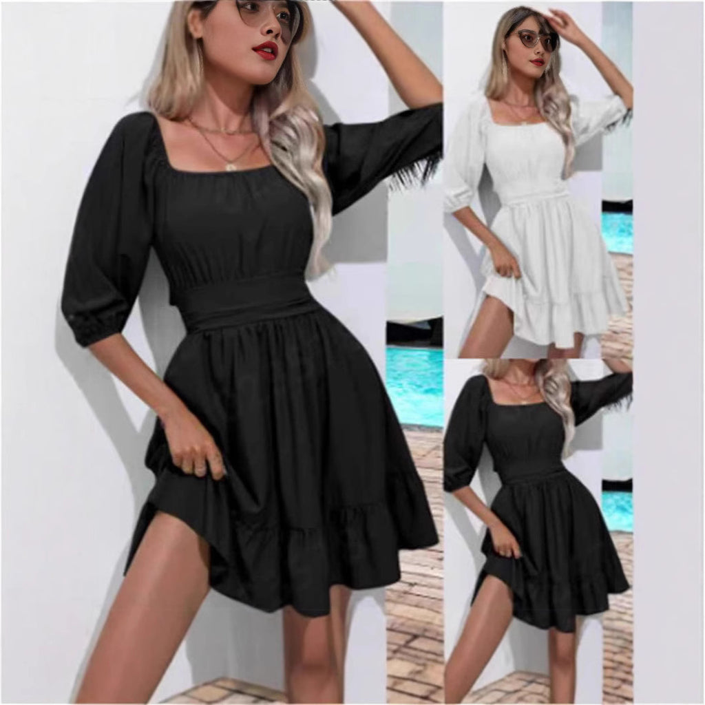 Ruffle-trimmed square-neck dress, black, puff sleeves, tiered ruffle skirt