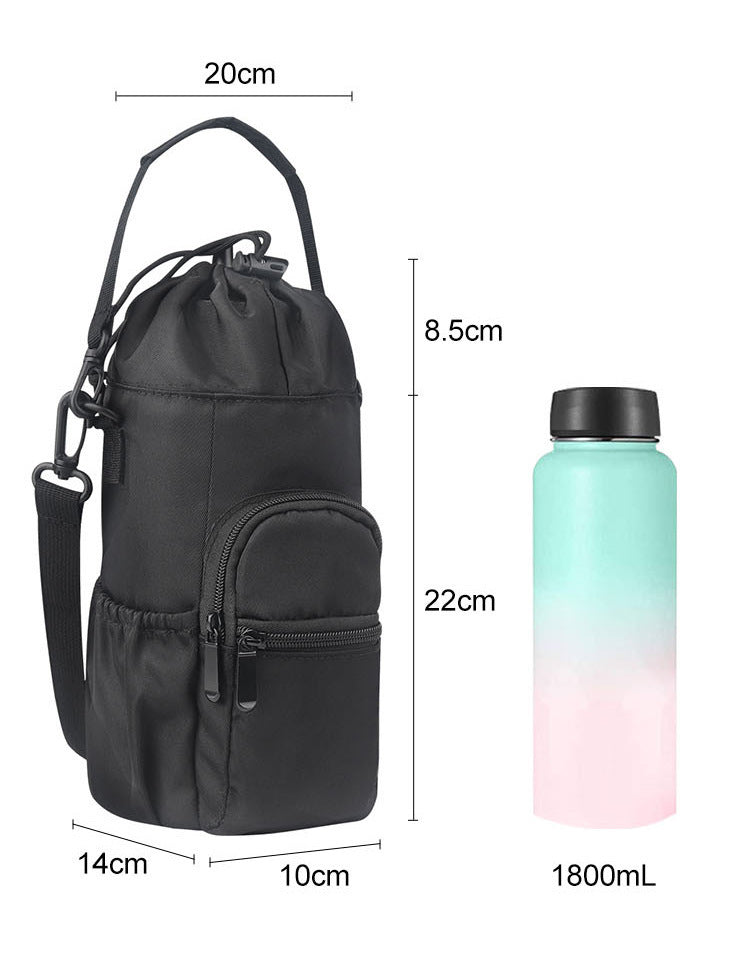 Black bottle pouch crossbody bag with front zip pocket and adjustable strap