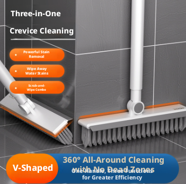 Three-in-one floor brush with white handle and V-shaped sweeping head for crevices.