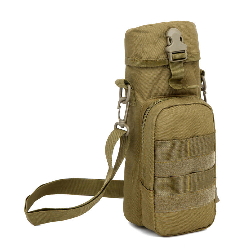 Water bottle cover shoulder bag, khaki, front webbed pocket and adjustable strap