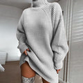 Turtleneck knit sweater dress, light grey, long sleeves and ribbed texture