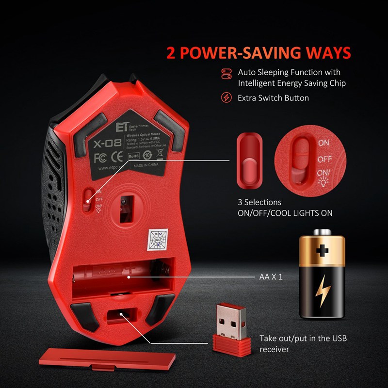 Red wireless gaming mouse underside view with power switch and AA battery compartment