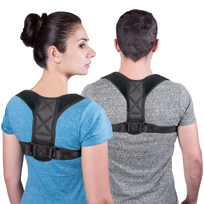 Posture corrector strap with black harness over blue shirt, worn on upper back