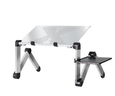 White folding laptop stand with perforated top and small side tray